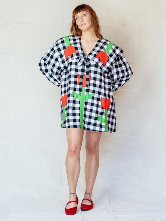 boyko Dresses & Skirts - boyko Black & White Gingham Tulip Tunic with Red & Green Accents
